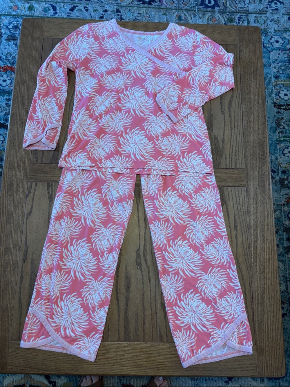 Garnet Hill Asian Wrap Full Length Coral Pink Floral 2 Piece Pajama Set,  SMALL